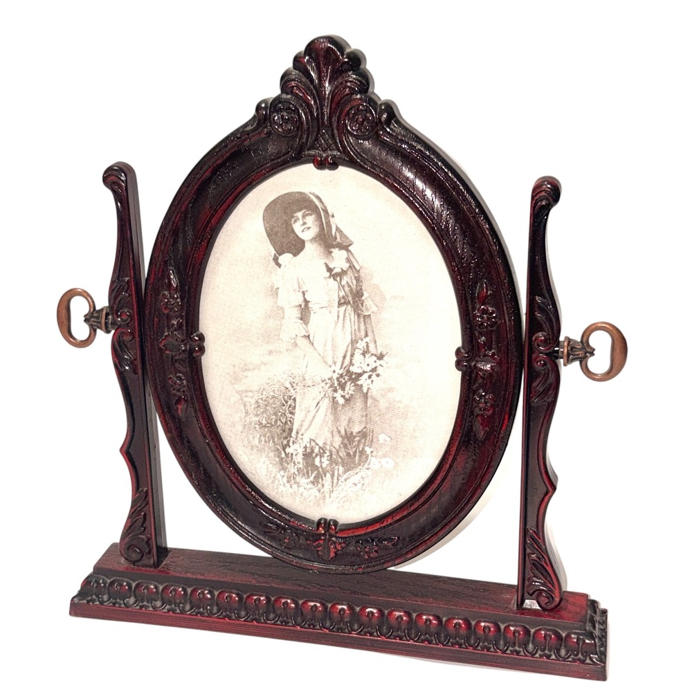 Vintage Ornate Oval Swivel Faux Wood Tilt Picture Frame 5" x 7" BRITISH~MCM - Picture 2 of 15